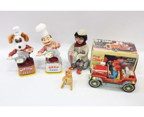 Vintage 'Chef Cook' tinplate and plastic battery-operated automaton, together with 'Burger Chef' automaton and others - Buski