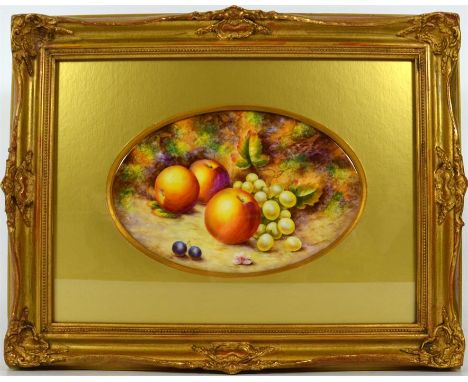 A Royal Worcester plaque painted with fruit on a mossy background. Signed by Sibley - Lewis. Circa 1960. With original frame.