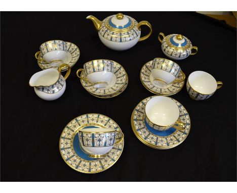 A Minton tea set 'Basilica pattern.' Teapot, milk, sugar, cake plate. Six cups and saucers and six side plates. (22)