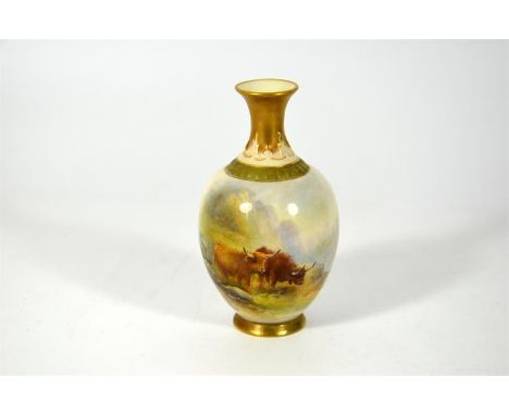 A Royal Worcester vase, decorated with Highland cattle. Signed by H.Stinton. Circa 1891. Shape H302. Height 11cm.