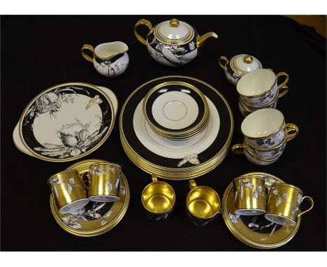 A Minton tea set 'Rosenborg pattern.' Teapot, milk, sugar, cake plate. Six cups and saucers and six side plates. Also six cof