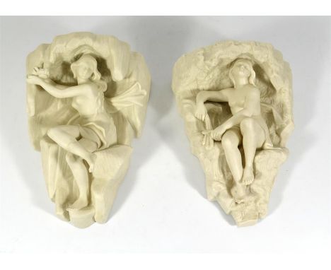 A pair of Royal Worcester parian wall brackets, depicting semi nude females. Circa 1880. Height 22cm. (2)