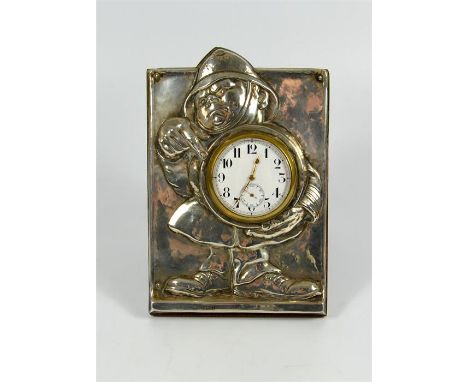 A silver policeman novelty clock. Birmingham 1908. Maker mark M & C Lister Ltd. Total weight 249 grams.
