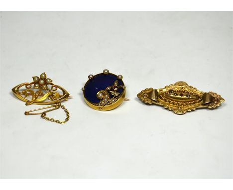 Three pocket brooches, a pearl set brooch, in yellow metal, thought to be 15ct (stamped) with six pearls set in a petal shape