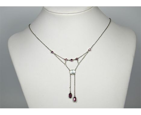 A Murrle Bennett silver trace chain with with five round pink stones and two oval pink stones, amethyst and abalone. Jungenst
