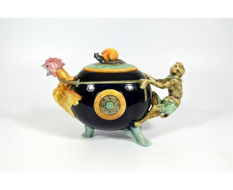 A Minton majolica archive collection "Cockerel and Monkey teapot." Limited edition of 1000. Boxed with certificate.
