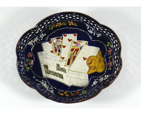 A Bilston and Battersea enamel fretted playing card basket. Circa 1800.