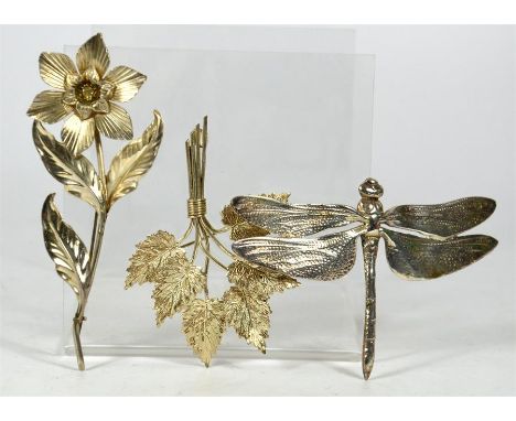 Two silver brooches, one flower marked sterling silver, marked Charles Horner and one dragonfly white metal marked silver. Ch