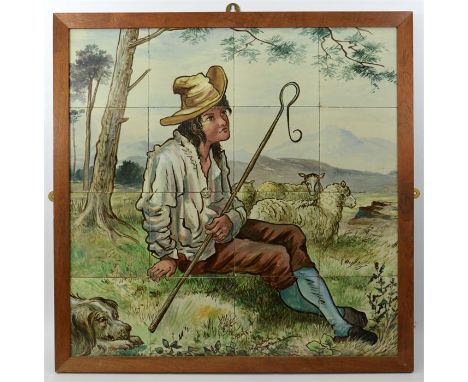 A Minton tile panel, hand-painted shepherd boy. Signed L.Hall. Impressed marks. Sixteen separate tiles. Framed. Height 59cm x