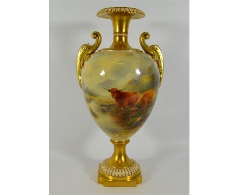 A large Royal Worcester twin handled baluster vase, decorated with Highland cattle. Signed by J. Stinton. Shape number 1969. 