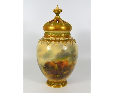 A Royal Worcester potpourri vase with inner cover, decorated with Highland cattle. Signed by J.Stinton. Shape number 2048. Da