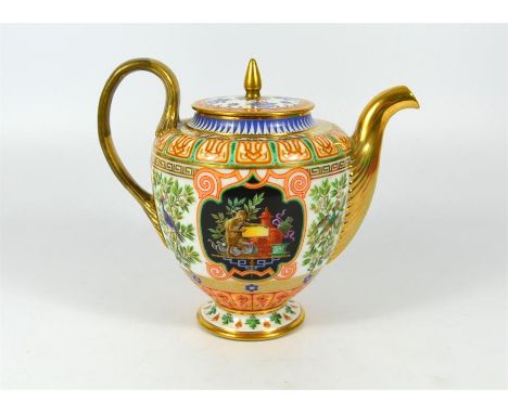 A Sevres hard past porcelain imperial teapot, with monkey decoration, dated 1833. Height 16cm. (Restored handle)