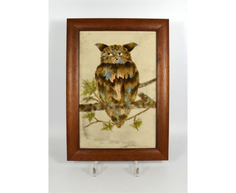 A Cobridge stoneware tile, depicting an owl by Andrew Hull. Framed. Impressed marks.Tile 30cm x 20cm.