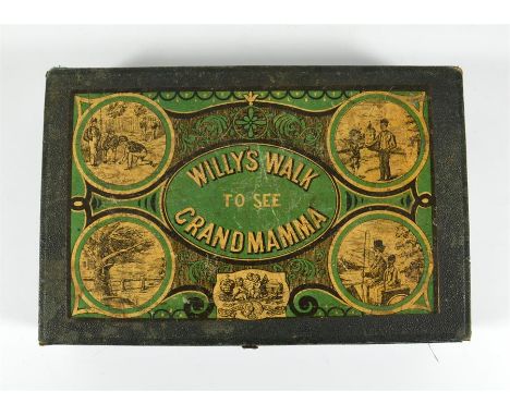 A vintage game 'Willy's Walk to see Grandmamma.' Game in original box with counters of glazed earthenware marked with the let