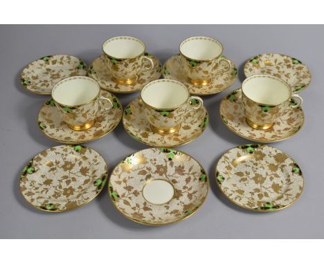 A Plant Tuscan Green, Black and Gilt Floral Decorated Tea Set to Comprise Five Cups, Six Saucers and Four Small Side Plates 