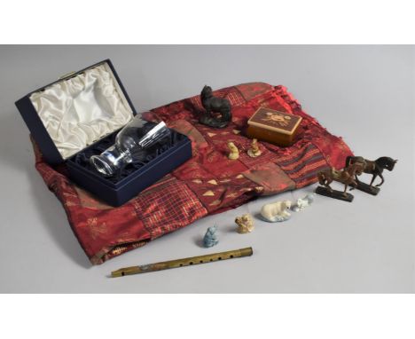 A Collection of Various Sundries to Comprise Christmas Motif Tablecloth, Boxed Glass Item, Box, Horses etc 
