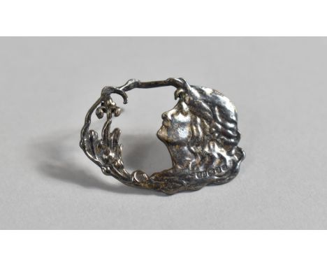 A Silver Art Nouveau Hallmarked Silver Brooch, of Pierced Form Incorporating Organic Design and Maidens Portrait, 3.5cm wide 