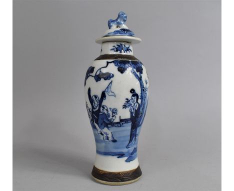 A Chinese Nanking Crackle Glazed Baluster Vase and Cover Decorated with Figures in Garden Setting, Oxidised Trim, 27cm high 