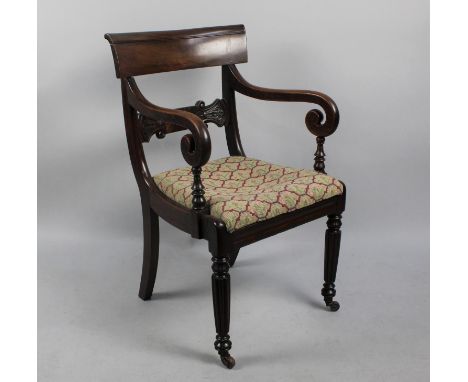 A Mid 19th Century Mahogany Scroll Armchair with Tapestry Seat and Turned Reeded Front Legs 