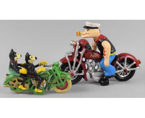 Two Reproduction Painted Cast Metal Figures, Popeye on Motorcycle and Mickey and Mini Mouse on Motorcycle, (Plus VAT) 