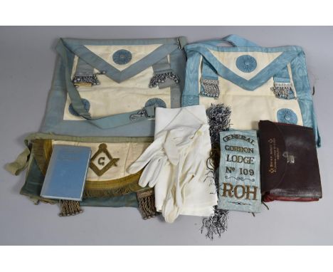 A Collection of Various Masonic Ephemera to Comprise Aprons, Sash for "General Gordon Lodge no. 109 ROH", Leather Wallet Insc