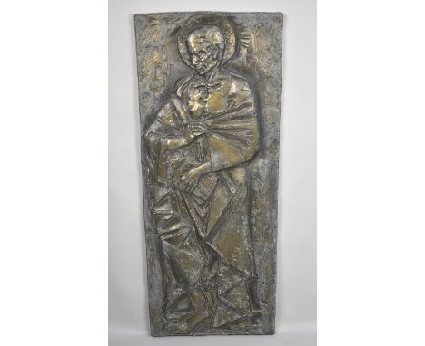 A Mid 20th Century Fibreglass Brutalist Architectural Panel of a Standing Saint, With Faux Bronze Surface, 52x126cms 