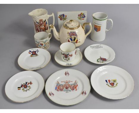 A Collection of Various Commemorative WWI Peace, Unity and Freedom China to Comprise Teapot (AF), Jugs, Tankard, Saucers, Sid