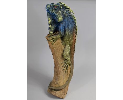 A Large Carved Wooden Study of Iguana on Tree Trunk. 55cm high 