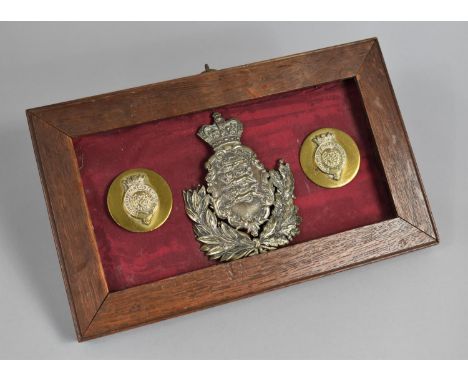 A Framed Duke of Lancaster's Yeomanry Helmet Plate Badge Together with Two Brass Duke of Lancaster's Own Discs 