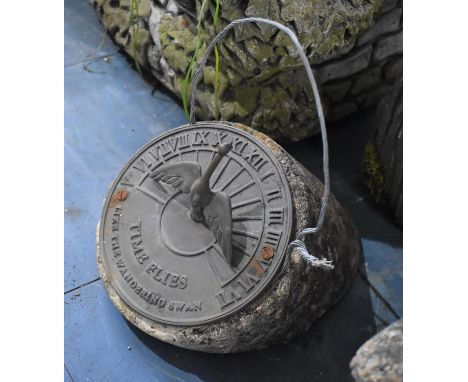 A Cast Metal Garden Sundial "Time Flies" with Swan Gnomon, on Reconstituted Base, 18cm Diameter 