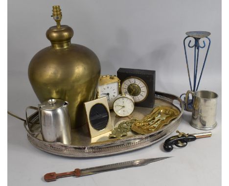 A Large Oval Galleried Silver Plated Tray Together with a Large Brass Lamp of Baluster Form, Slate Cased Mercedes Mantle Cloc