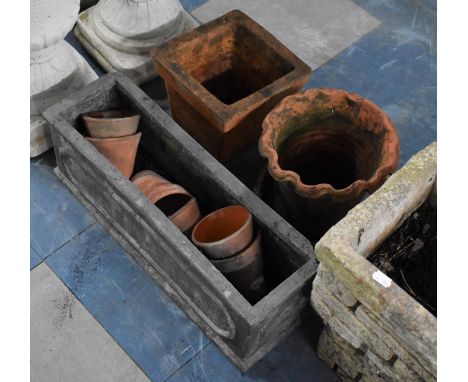 A Collection of Various Terracotta Garden Plant Pots and a Rectangular Trough Planter 