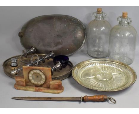 A Collection of Sundries to Comprise Large Copper Warmer, Art Deco Mantle Clock (AF), Galleried Silver Plated Tray etc 