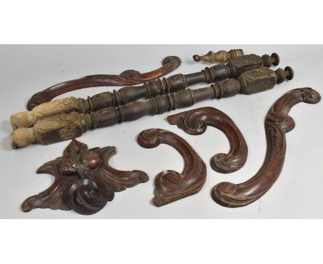 A Collection of Various Furniture Mounts, Carved Supports and a Hardwood Walking Stick (AF) 