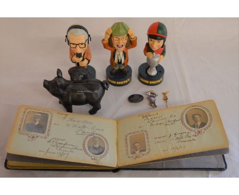 3 John Smith miniature talking horse racing figures, small cast iron flying pig money box, Edwardian autograph book with phot