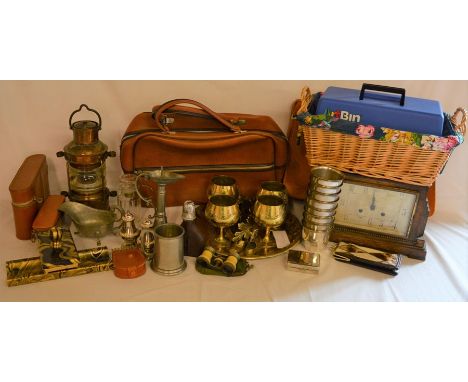 Various including pewter, pen tray &amp; blotter, hip flask, opera glasses, lamp etc&nbsp;