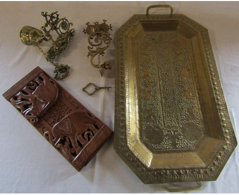 Brass tray L 61 cm (excluding handles), wooden sliding book shelf, brass bell etc