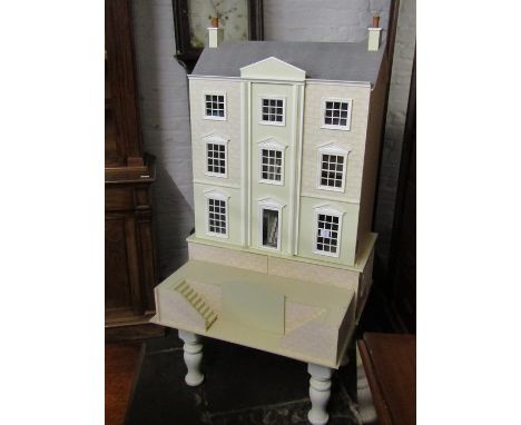 Large Wentworth Court dolls house with basement together with box of accessories inc new lighting kit, furniture, figures, fe