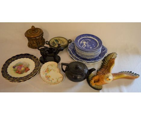 Various ceramics including a Jackfield style cow creamer, tobacco jar, Spode Italian plates etc