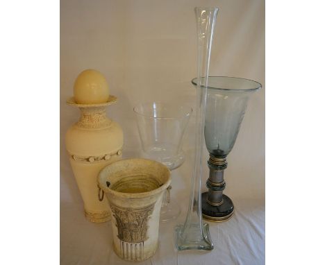 Large glass storm lantern, large glass vase, tall specimen vase, 2 ceramic vases &amp; an ostrich egg