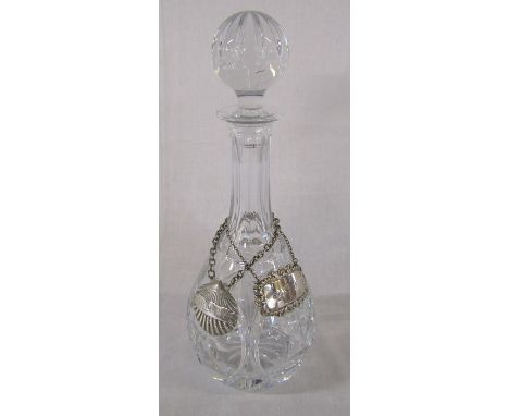 Glass decanter with 2 silver sherry labels Birmingham 1976 and 1985 weight 1.98 ozt