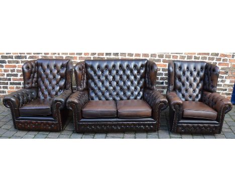 Thomas Lloyd button back leather sofa &amp; pair of matching armchairs