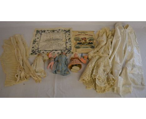 Victorian Christening gown, veil etc, Titanic memorial handkerchief, souvenir of the victory of Jutland &amp; 4 vintage dolls