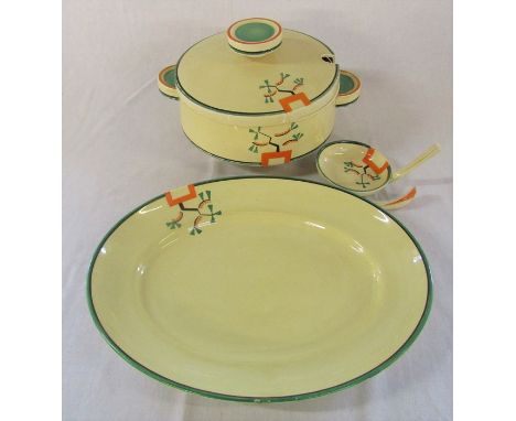 Clarice Cliff Bizarre Ravel pattern large lidded tureen, ladle and meat plate (ladle af) - meat plate L 37 cm, tureen L 23 cm