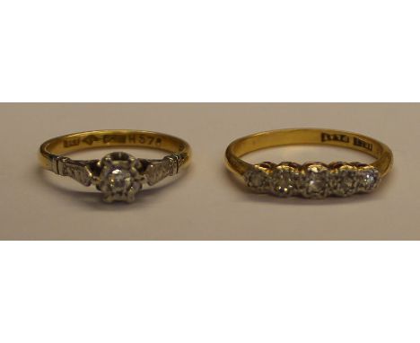 Two 18ct gold diamond chip rings 4.7g size N &amp; K