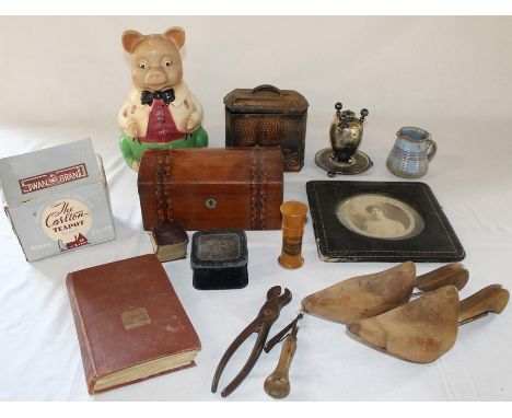 Ellgreave Mr Pig money box, strapware mahogany box, tea caddy containing tea cards, Mauchline hair pin / needle holder (Port 
