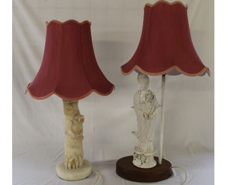 Blanc de chine figural table lamp (damage to hand) &amp; soap stone owl table lamp