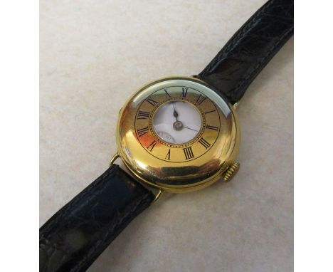 18ct gold demi hunter wrist watch Birmingham 1909 15 jewels, Dennison Watch Case co no A21846, with crocodile skin strap