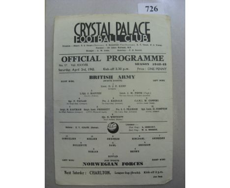 1942/43 British Army v Norwegian Forces, a programme from the game played at Crystal Palace on 03/04/1943