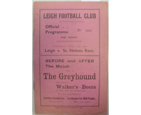 1938/1939 Rugby League Programme, Leigh v St Helens Recs, Official programme for the fixture played 15/04/1939 (light creasin